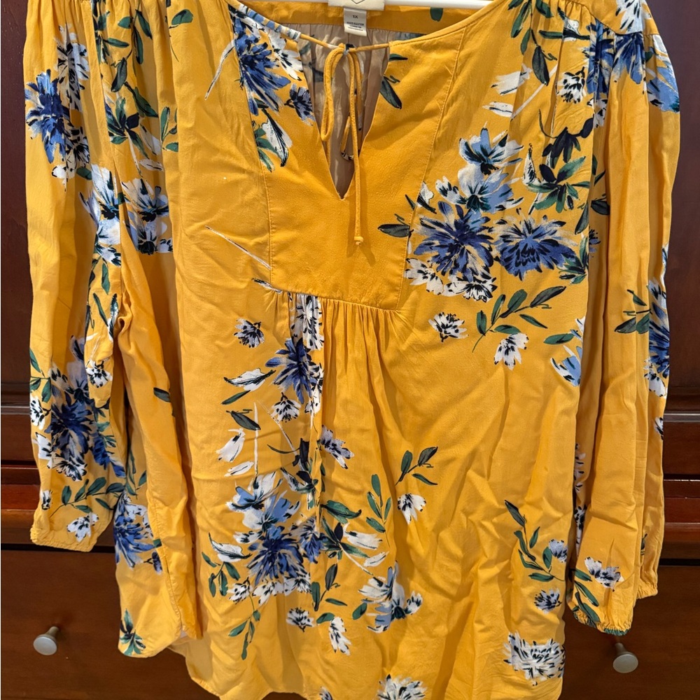 St. John's Bay Mustard Yellow Floral Tie-Front Tunic